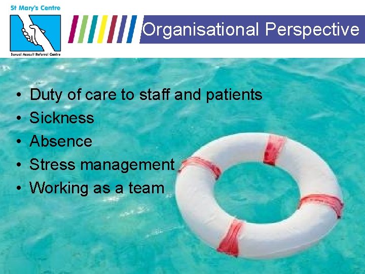 Organisational Perspective • • • Duty of care to staff and patients Sickness Absence