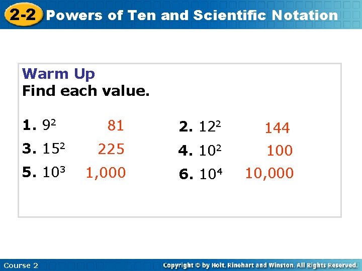 2 -2 Powers of Ten and Scientific Notation Warm Up Find each value. 1.