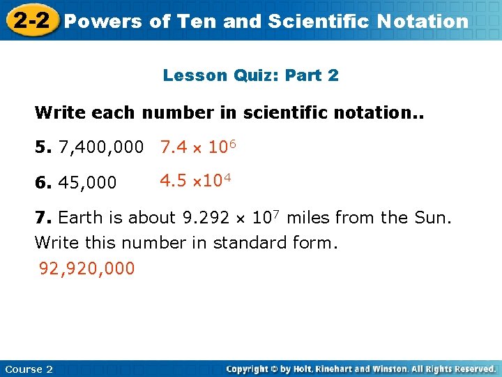 of Ten and Scientific 2 -2 Powers Insert Lesson Title Here Notation Lesson Quiz: