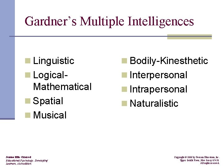 Gardner’s Multiple Intelligences n Linguistic n Bodily-Kinesthetic n Logical- n Interpersonal Mathematical n Spatial