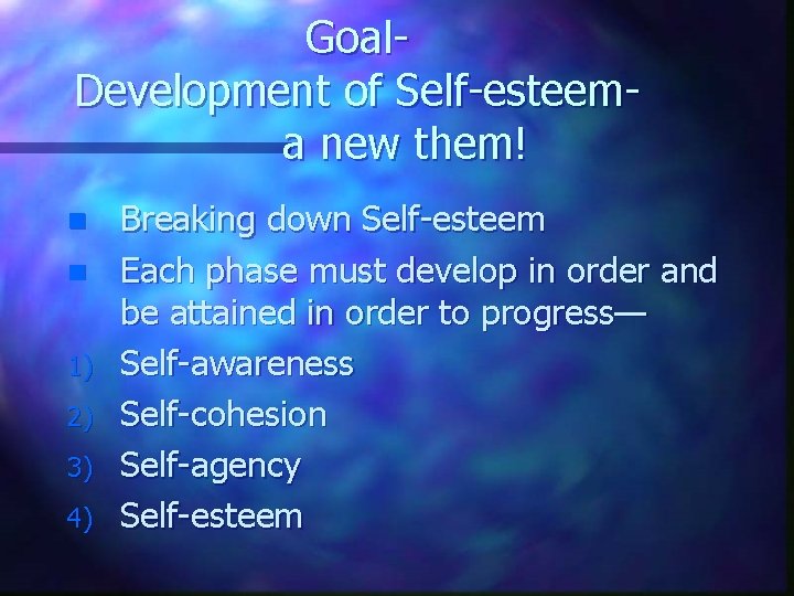 Goal. Development of Self-esteem a new them! n n 1) 2) 3) 4) Breaking