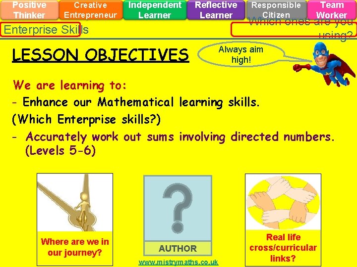 Positive Thinker Creative Entrepreneur Independent Learner Reflective Learner Enterprise Skills LESSON OBJECTIVES Responsible Citizen