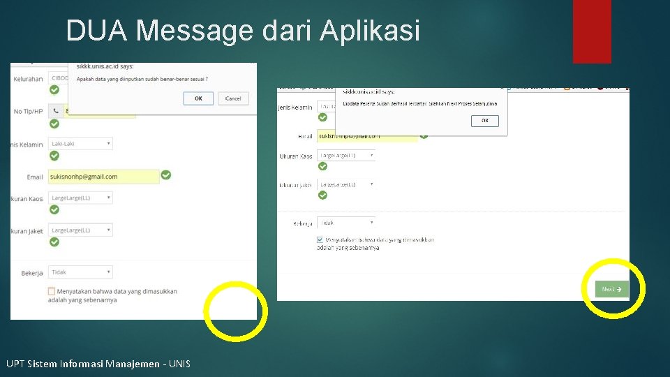 DUA Message dari Aplikasi UPT Sistem Informasi Manajemen - UNIS 