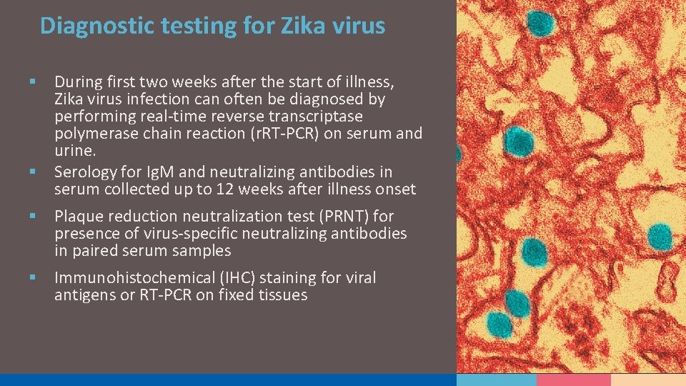 Diagnostic testing for Zika virus § During first two weeks after the start of