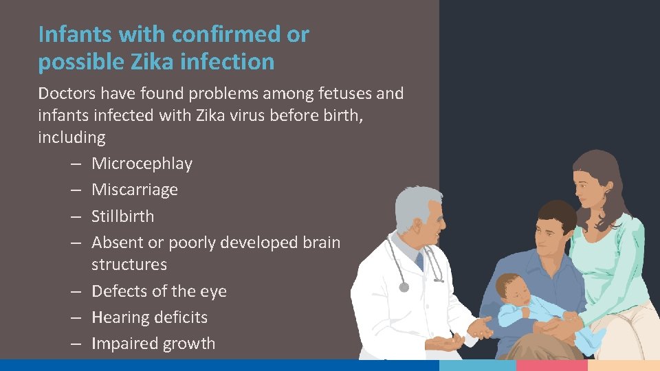 Infants with confirmed or possible Zika infection Doctors have found problems among fetuses and