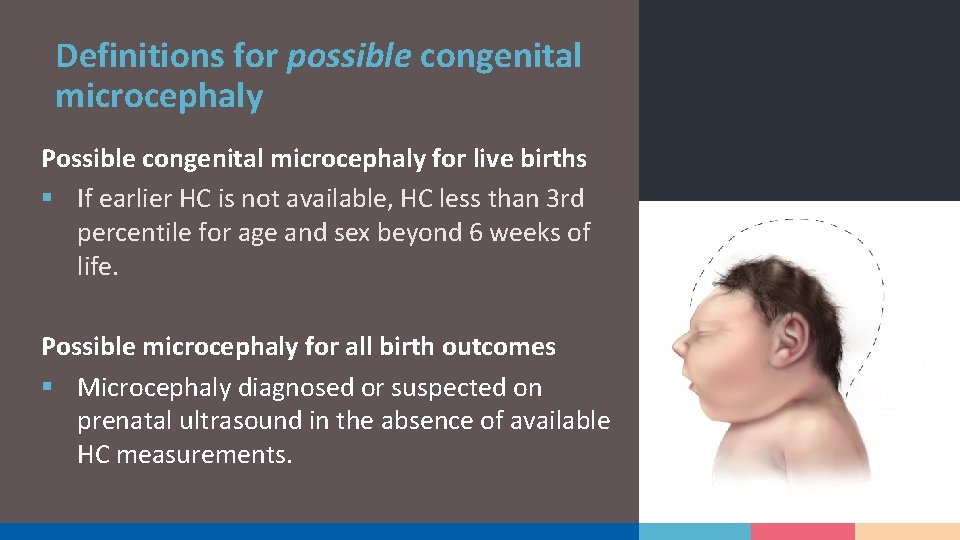 Definitions for possible congenital microcephaly Possible congenital microcephaly for live births § If earlier