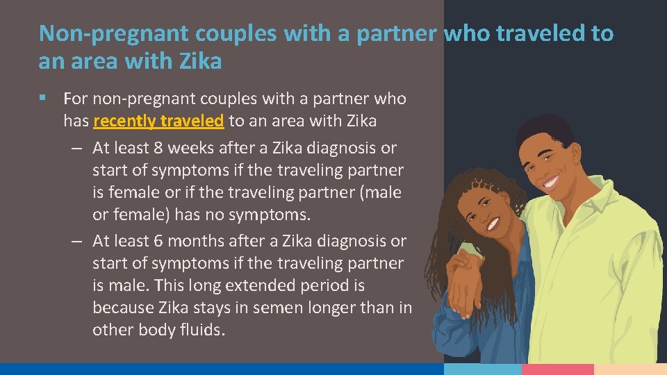 Non-pregnant couples with a partner who traveled to an area with Zika § For