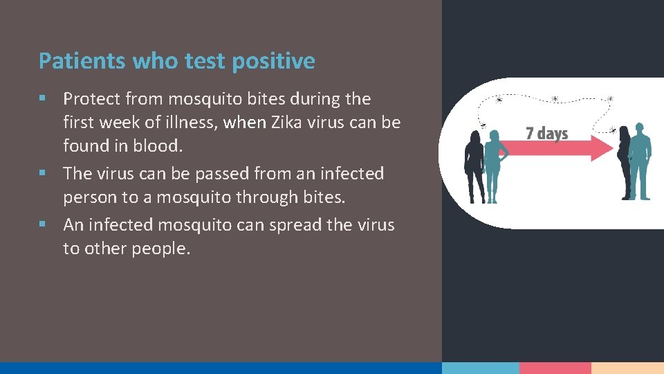 Patients who test positive § Protect from mosquito bites during the first week of