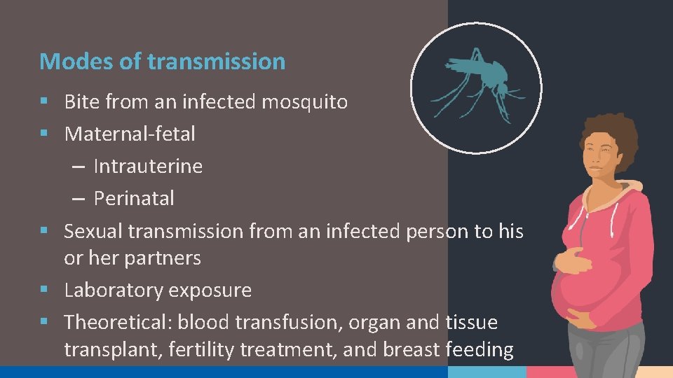 Modes of transmission § Bite from an infected mosquito § Maternal-fetal – Intrauterine –