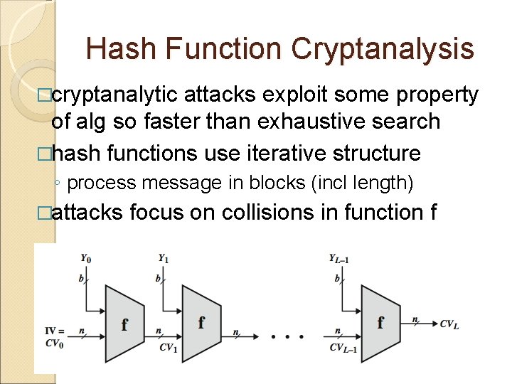 Hash Function Cryptanalysis �cryptanalytic attacks exploit some property of alg so faster than exhaustive