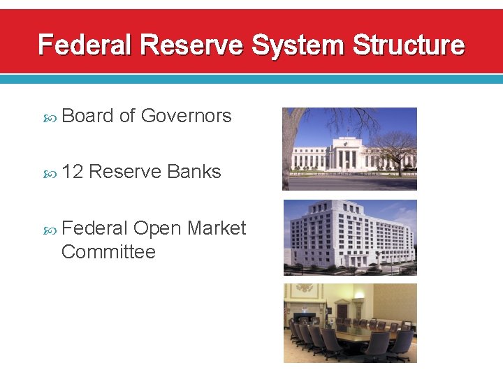 Federal Reserve System Structure Board of Governors 12 Reserve Banks Federal Open Market Committee