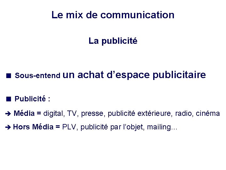 Le mix de communication La publicité Sous-entend un achat d’espace publicitaire Publicité : Média