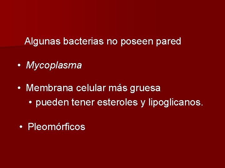 Algunas bacterias no poseen pared • Mycoplasma • Membrana celular más gruesa • pueden