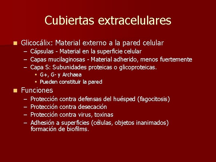 Cubiertas extracelulares n Glicocálix: Material externo a la pared celular – Cápsulas - Material