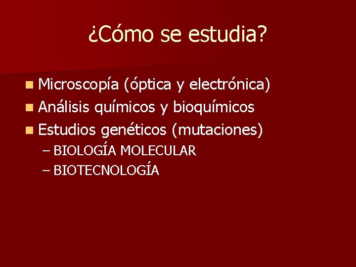 ¿Cómo se estudia? n Microscopía (óptica y electrónica) n Análisis químicos y bioquímicos n