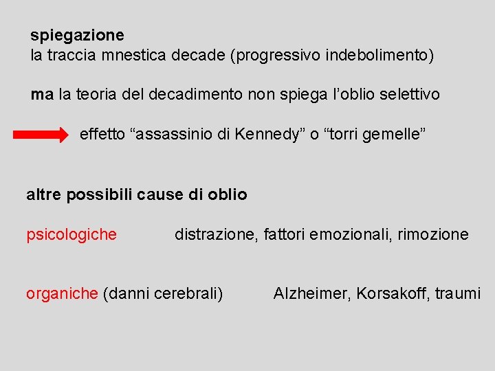 spiegazione la traccia mnestica decade (progressivo indebolimento) ma la teoria del decadimento non spiega