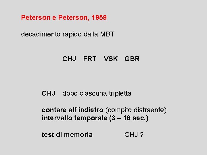 Peterson e Peterson, 1959 decadimento rapido dalla MBT CHJ FRT VSK GBR dopo ciascuna