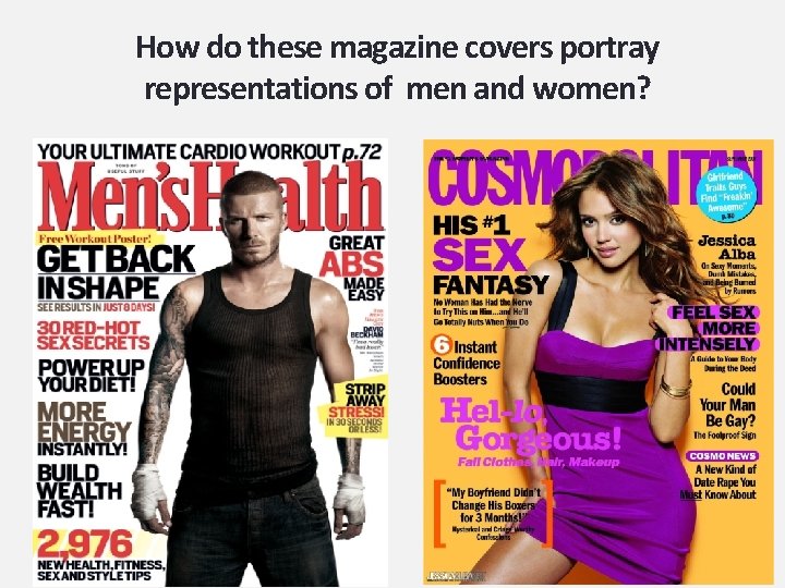 How do these magazine covers portray representations of men and women? 