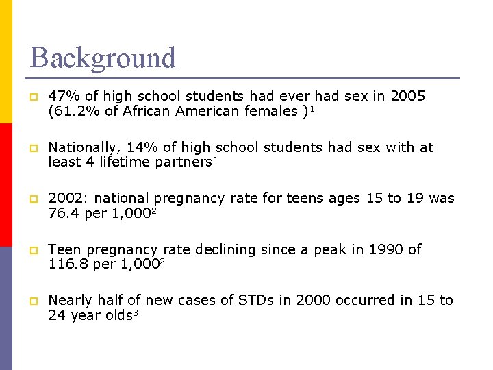 Background p 47% of high school students had ever had sex in 2005 (61.