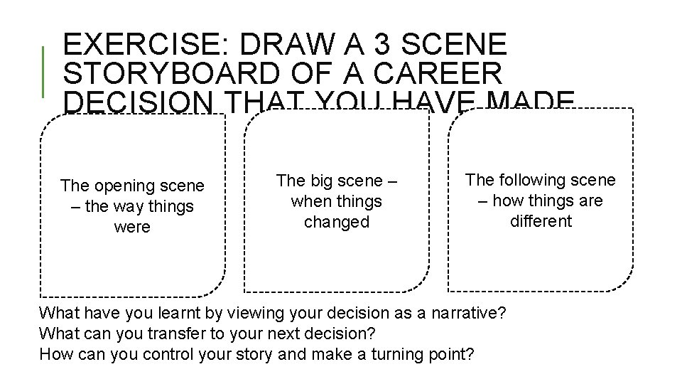 EXERCISE: DRAW A 3 SCENE STORYBOARD OF A CAREER DECISION THAT YOU HAVE MADE