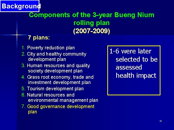 Background Components of the 3 -year Bueng Nium rolling plan (2007 -2009) 7 plans: