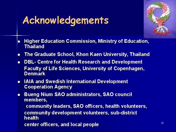 Acknowledgements n Higher Education Commission, Ministry of Education, Thailand n The Graduate School, Khon