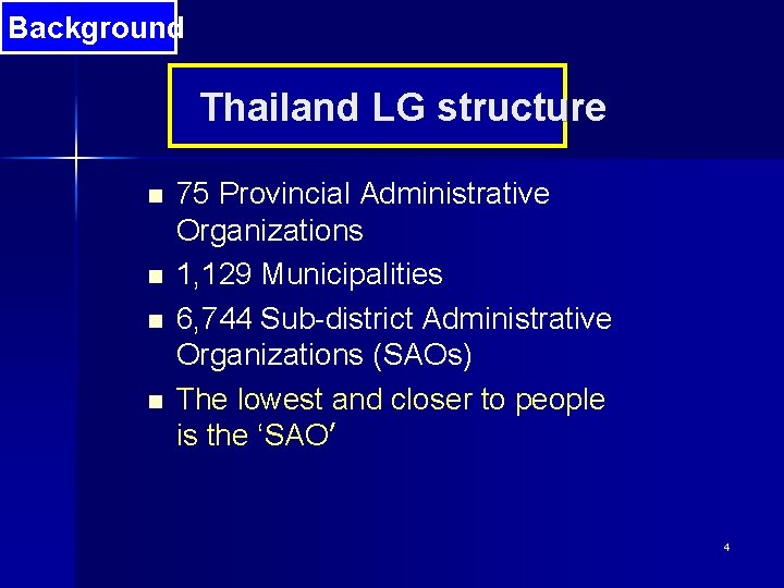 Background Thailand LG structure n n 75 Provincial Administrative Organizations 1, 129 Municipalities 6,
