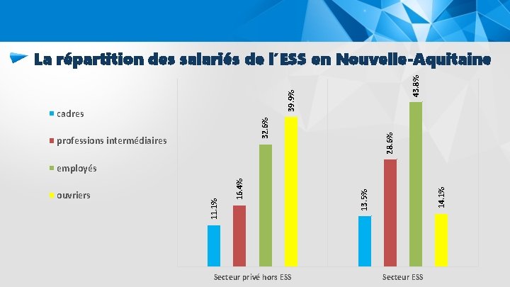 39. 9% 43. 8% La répartition des salariés de l’ESS en Nouvelle-Aquitaine professions intermédiaires