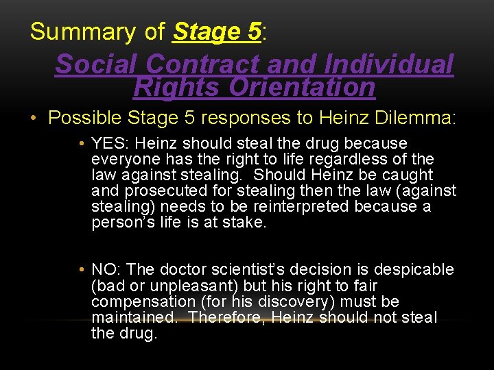 Summary of Stage 5: Social Contract and Individual Rights Orientation • Possible Stage 5