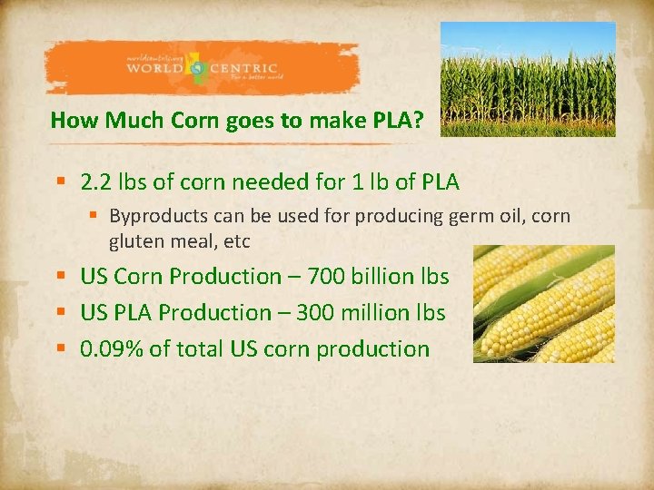 How Much Corn goes to make PLA? § 2. 2 lbs of corn needed