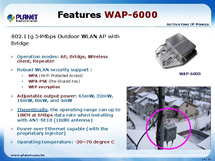 Features WAP-6000 802. 11 g 54 Mbps Outdoor WLAN AP with Bridge Ø Operation