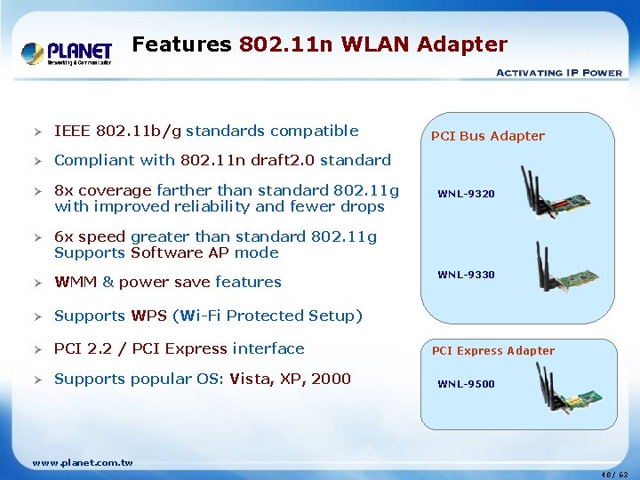 Features 802. 11 n WLAN Adapter Ø IEEE 802. 11 b/g standards compatible Ø