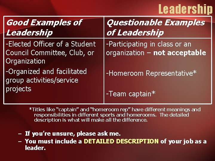 Leadership Good Examples of Leadership Questionable Examples of Leadership -Elected Officer of a Student