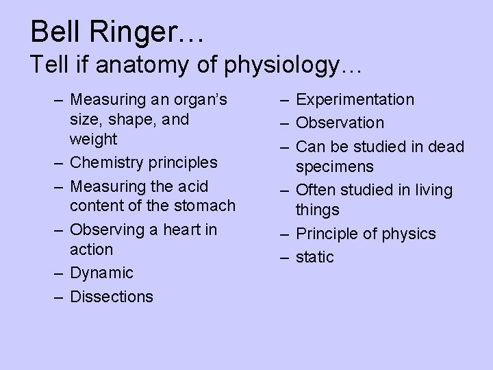 Bell Ringer… Tell if anatomy of physiology… – Measuring an organ’s size, shape, and