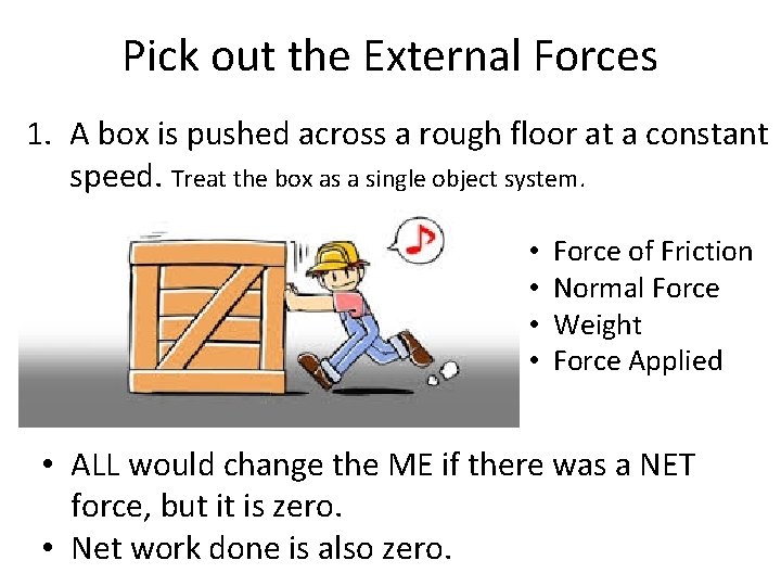 Pick out the External Forces 1. A box is pushed across a rough floor