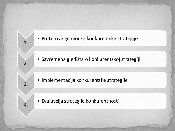 1. 2. 3. 4. • Porterove generičke konkurentske strategije • Savremena gledišta o konkurentskoj