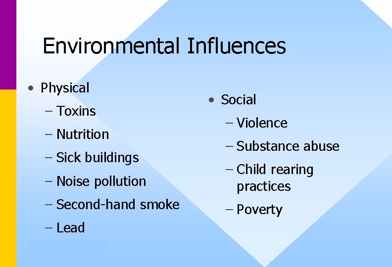 Environmental Influences • Physical – Toxins – Nutrition – Sick buildings • Social – Environmental Influences • Physical – Toxins – Nutrition – Sick buildings • Social –