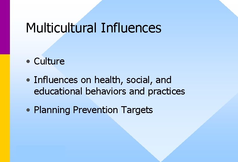 Multicultural Influences • Culture • Influences on health, social, and educational behaviors and practices Multicultural Influences • Culture • Influences on health, social, and educational behaviors and practices