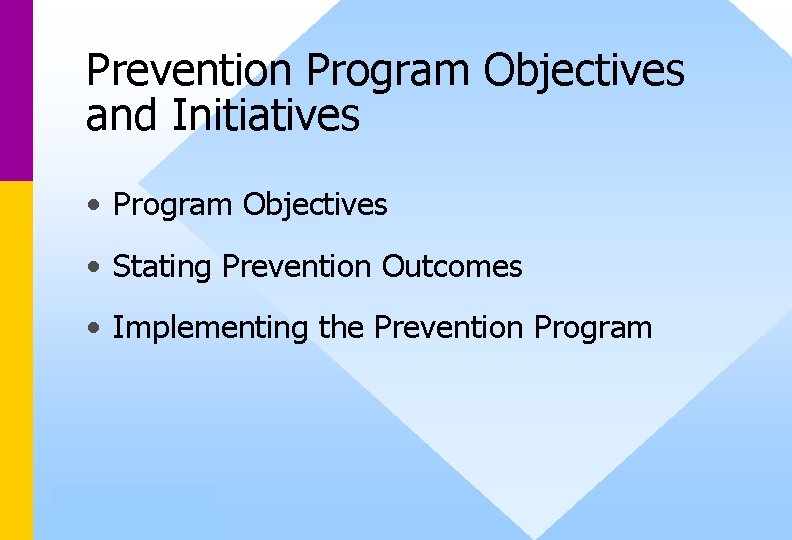 Prevention Program Objectives and Initiatives • Program Objectives • Stating Prevention Outcomes • Implementing