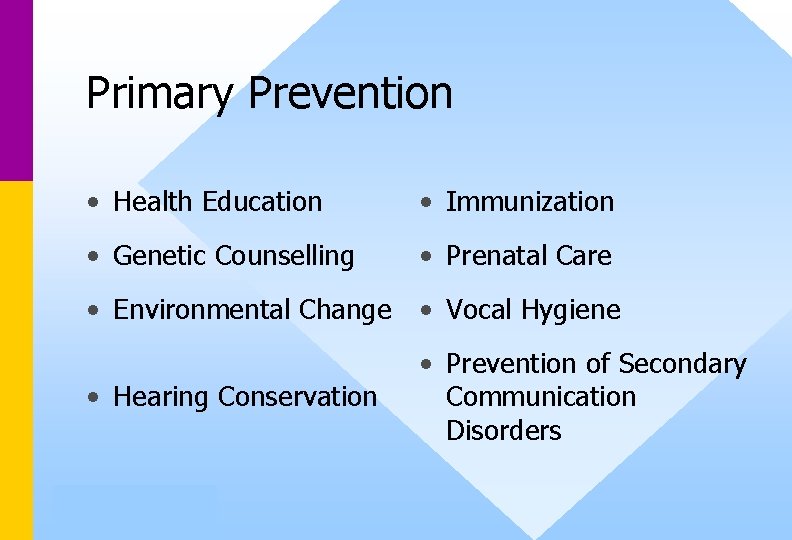 Primary Prevention • Health Education • Immunization • Genetic Counselling • Prenatal Care •