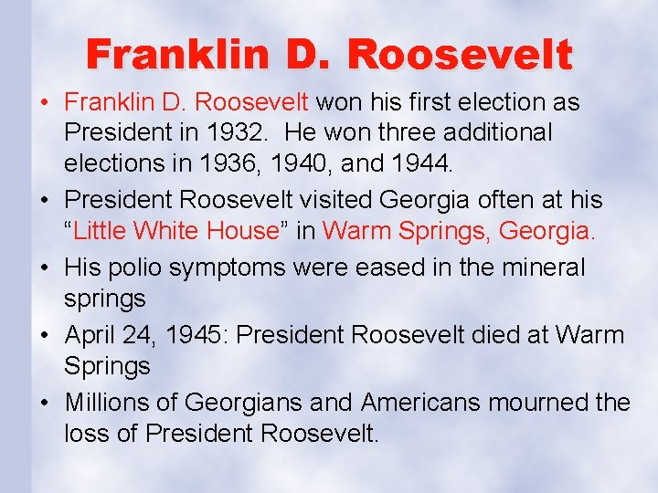 Franklin D. Roosevelt • Franklin D. Roosevelt won his first election as President in