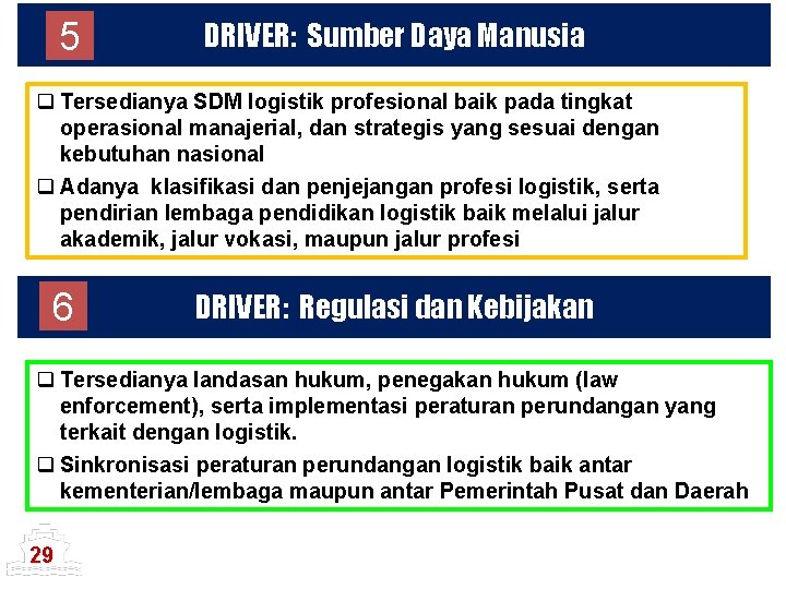 5 DRIVER: Sumber Daya Manusia q Tersedianya SDM logistik profesional baik pada tingkat operasional