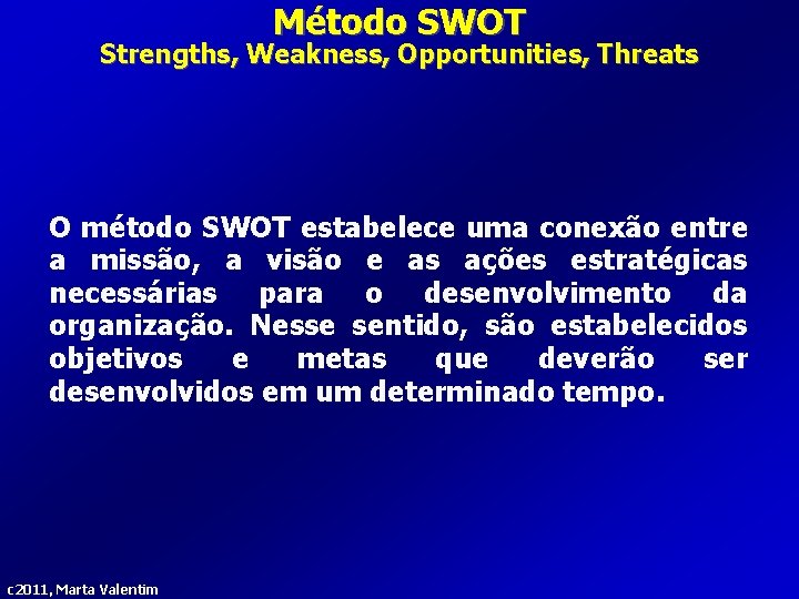 Método SWOT Strengths, Weakness, Opportunities, Threats O método SWOT estabelece uma conexão entre a