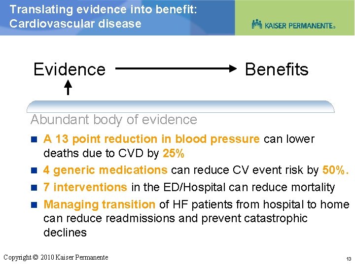 Translating evidence into benefit: Cardiovascular disease Evidence Benefits Abundant body of evidence A 13