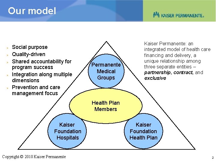 Our model Ø Ø Ø Social purpose Quality-driven Shared accountability for program success Integration