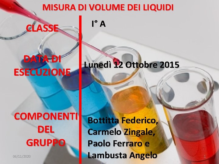 MISURA DI VOLUME DEI LIQUIDI CLASSE DATA DI ESECUZIONE I° A Lunedì 12 Ottobre