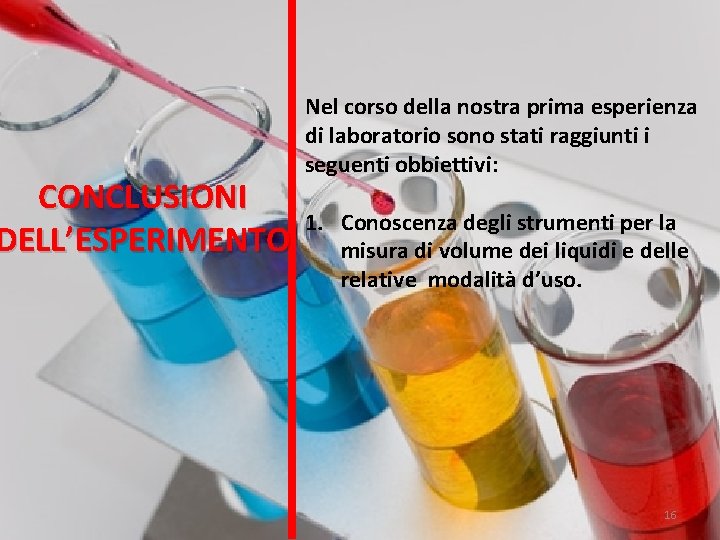 CONCLUSIONI DELL’ESPERIMENTO Nel corso della nostra prima esperienza di laboratorio sono stati raggiunti i