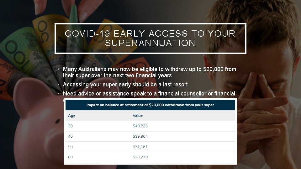 COVID-19 EARLY ACCESS TO YOUR SUPERANNUATION • Many Australians may now be eligible to