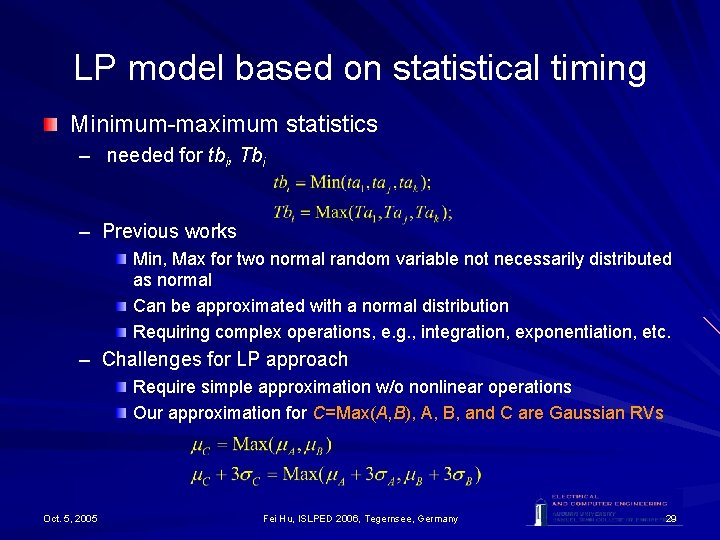 LP model based on statistical timing Minimum-maximum statistics – needed for tbi, Tbi – LP model based on statistical timing Minimum-maximum statistics – needed for tbi, Tbi –