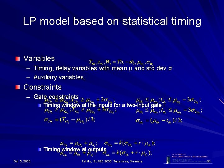 LP model based on statistical timing Variables – Timing, delay variables with mean and LP model based on statistical timing Variables – Timing, delay variables with mean and